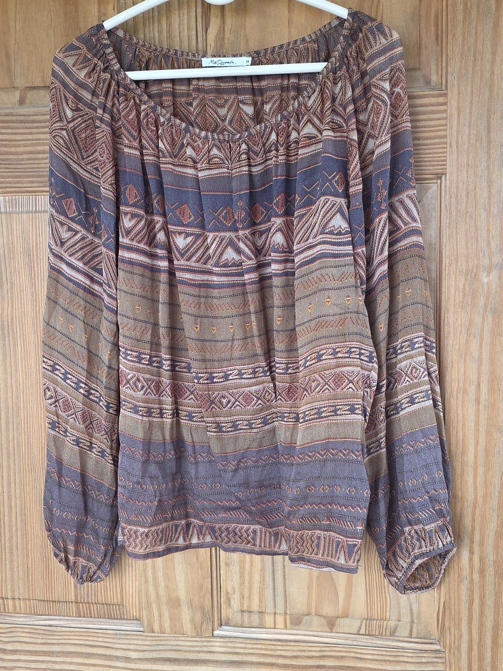 Mes Demoiselles Brown and Tan Off-Shoulder Peasant Blouse 100% Silk